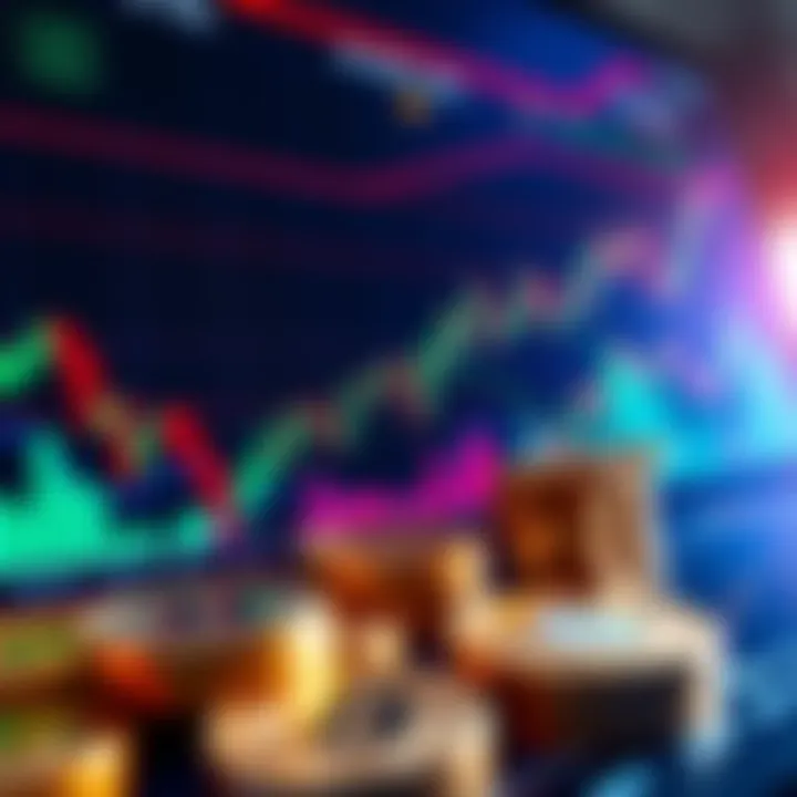A chart showing cryptocurrency trends and graphs with coins in the foreground, illustrating investment strategies.