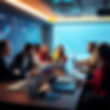 A group of diverse people discussing their cryptocurrency holdings and strategies at a table with laptops and charts