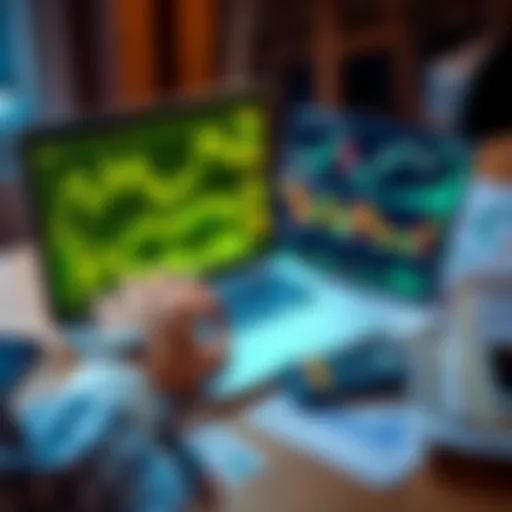 A person analyzing crypto charts and graphs on a laptop, surrounded by financial documents and a calculator, symbolizing long-term investment strategies.