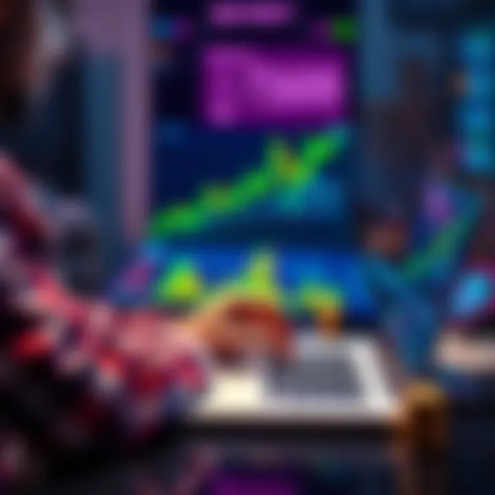 A person analyzing cryptocurrency trends on a laptop while calculating dollar-cost averaging