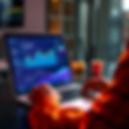A person reviewing charts and data on a laptop about crypto investments like Ethereum and Chainlink, with graphs showing growth and returns.