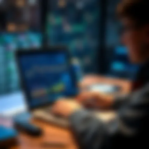 A person with a laptop open, researching cryptocurrency investments with charts and graphs visible on the screen