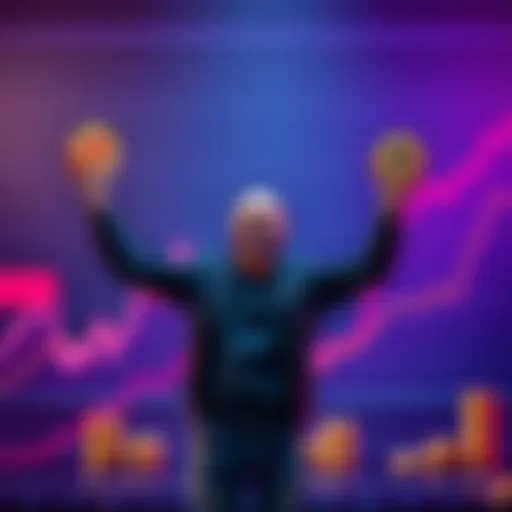 An investor celebrating after turning a small crypto investment into a large profit, holding Bitcoin and other coins in hands while standing in front of a chart showing upward growth.