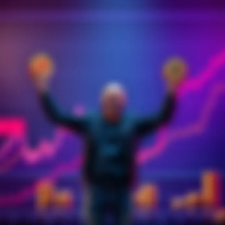 An investor celebrating after turning a small crypto investment into a large profit, holding Bitcoin and other coins in hands while standing in front of a chart showing upward growth.