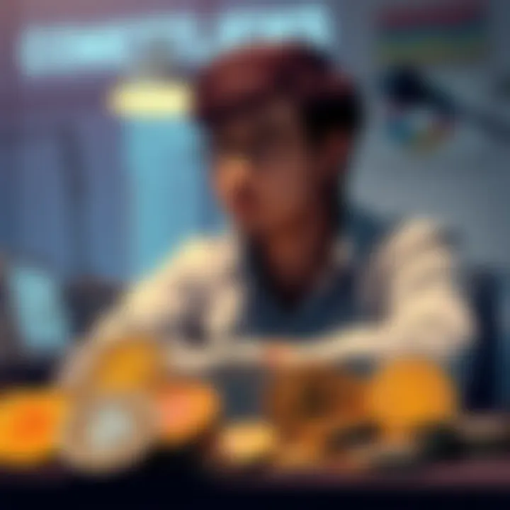 Individual sitting at a desk with multiple cryptocurrency coins in front, looking thoughtful about investment strategy