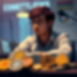 Person contemplating crypto investments Individual sitting at a desk with multiple cryptocurrency coins in front, looking thoughtful about investment strategy