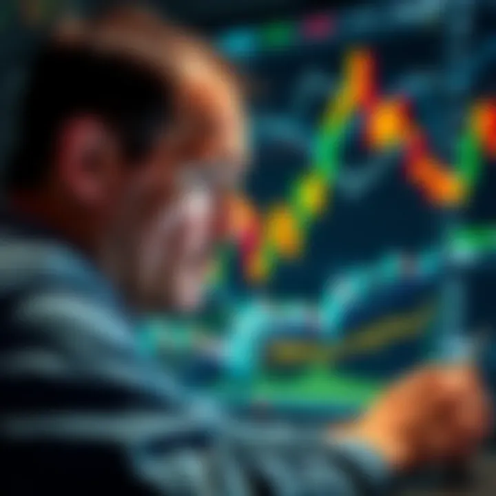 Crypto investment trends A person analyzing cryptocurrency trends with charts and graphs in the background, focusing on market vibes and sentiments