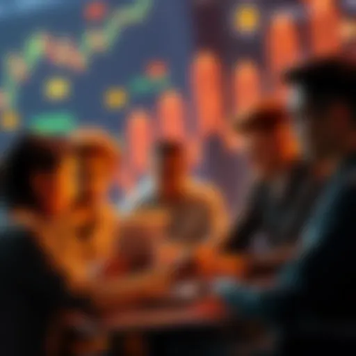 A group of diverse people analyzing cryptocurrency charts on their laptops, discussing investment strategies, with digital currency symbols in the background