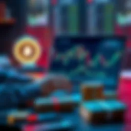 A person analyzing cryptocurrency charts and graphs with a laptop and $5,000 money stack on the table.