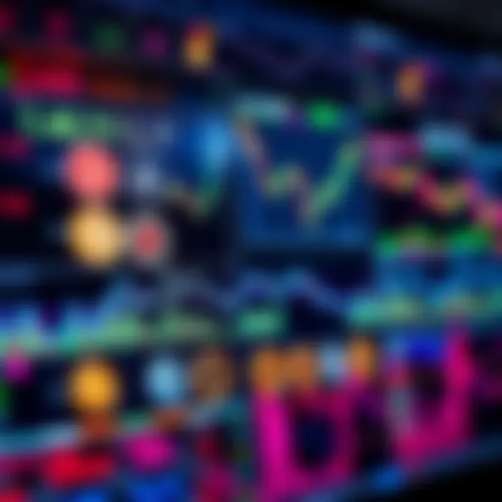 A diverse selection of popular cryptocurrencies displayed on a digital screen with graphs showing market trends.