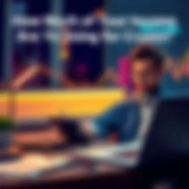 A person sitting at a desk, calculating monthly expenses and cryptocurrency investments with a calculator and laptop.