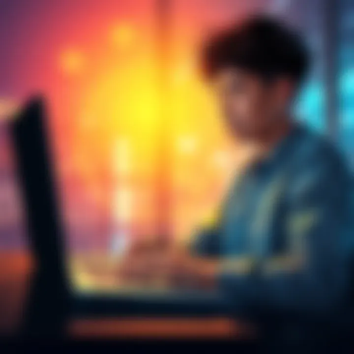 A young investor analyzing $SHIB market trends on a laptop, symbolizing hope and commitment in volatile markets.