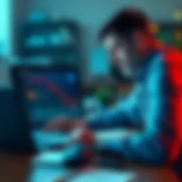 A worried investor gazes at a Bitcoin price chart, showing steep price fluctuations, with a laptop and notes on the table.