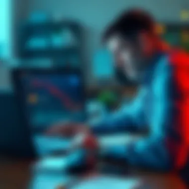 A worried investor gazes at a Bitcoin price chart, showing steep price fluctuations, with a laptop and notes on the table.