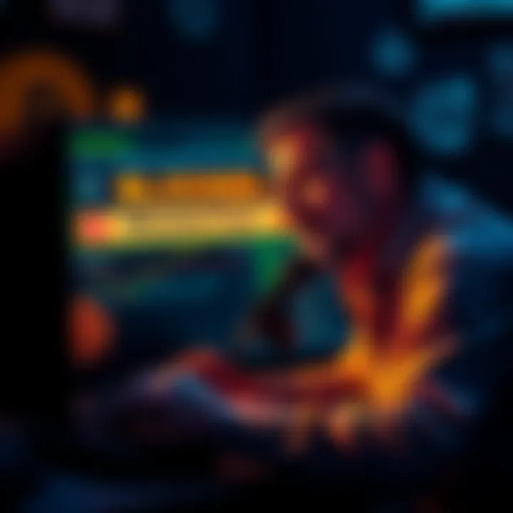 A worried crypto investor looks at a computer screen displaying blocked withdrawals on a Kraken account, with Bitcoin and fiat currency symbols around.