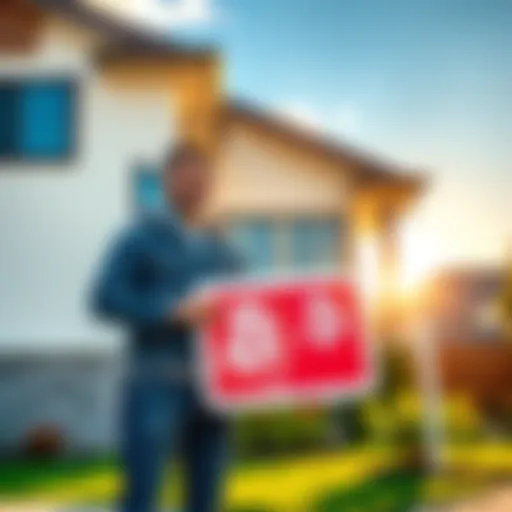A happy crypto enthusiast stands outside their new house, holding a digital currency sign and smiling, with a sunny sky in the background.
