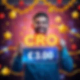 A happy crypto investor holding a digital display showing 1 million CRO tokens, surrounded by festive decorations and symbols of cryptocurrency.
