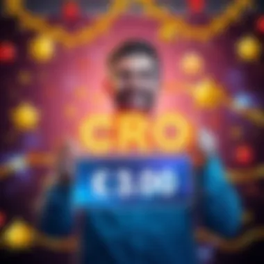 A happy crypto investor holding a digital display showing 1 million CRO tokens, surrounded by festive decorations and symbols of cryptocurrency.