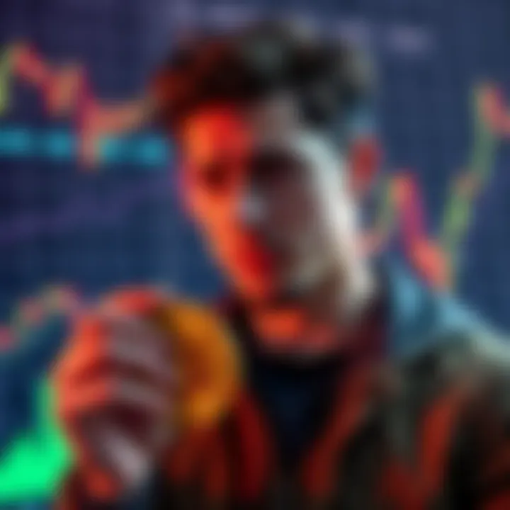 A new investor holds an Avalanche coin, looking uncertain about whether to stick with AVAX or switch back to Bitcoin, with a graph showing market trends in the background.