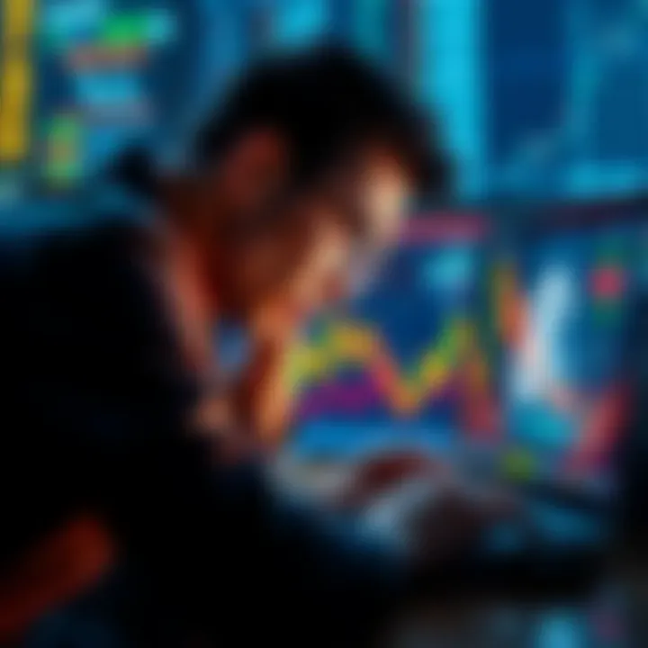 An exhausted investor looking at fluctuating cryptocurrency charts on a laptop, with Solana's logo visible on the screen.