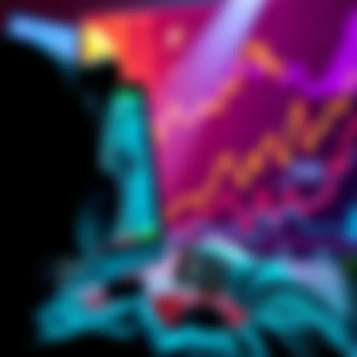 A visual representation of a crypto investor looking at fluctuating graphs on a computer screen, symbolizing the ups and downs of market fees.
