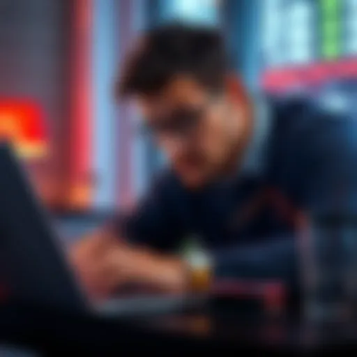 A worried person looking at a crypto trading chart on a laptop, showing a downward trend.