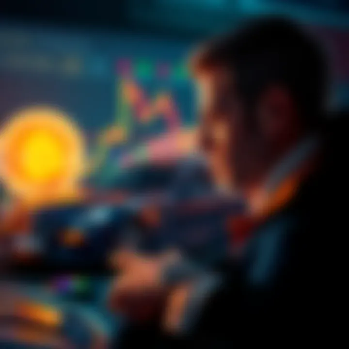 A crypto investor looks at a Bitcoin chart while imagining buying a Mercedes with future profits.