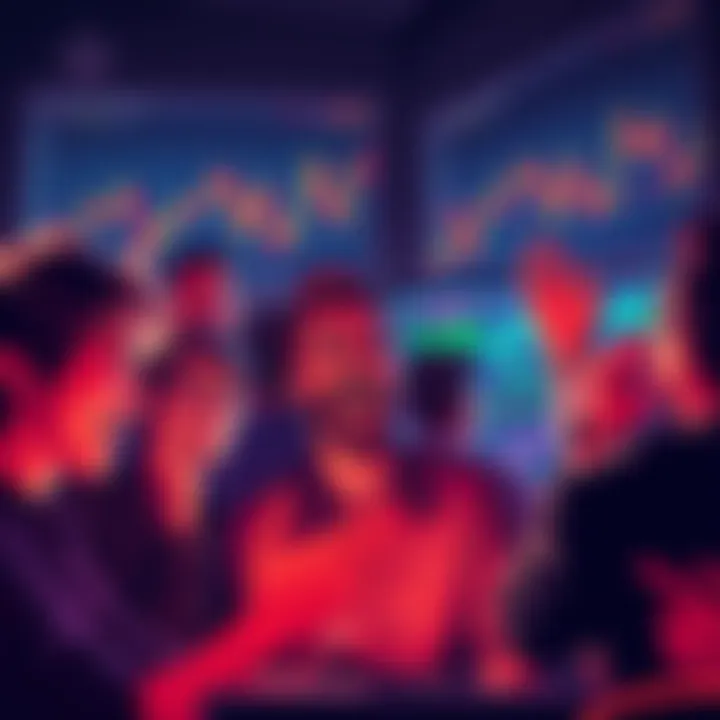 A group of people reacting joyfully and with frustration while looking at cryptocurrency charts on screens, showing a mix of excitement and regret