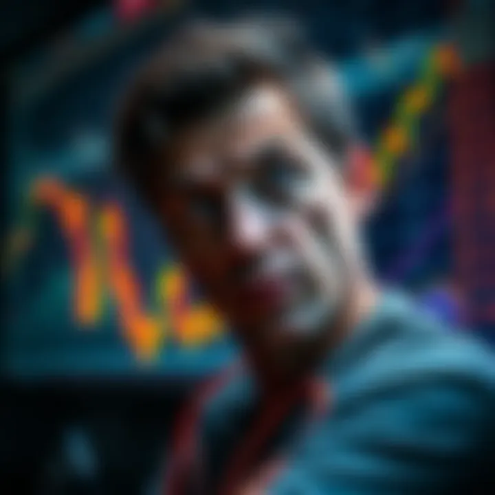 A weary investor gazes at a fluctuating crypto chart, reflecting on losses and disillusionment.