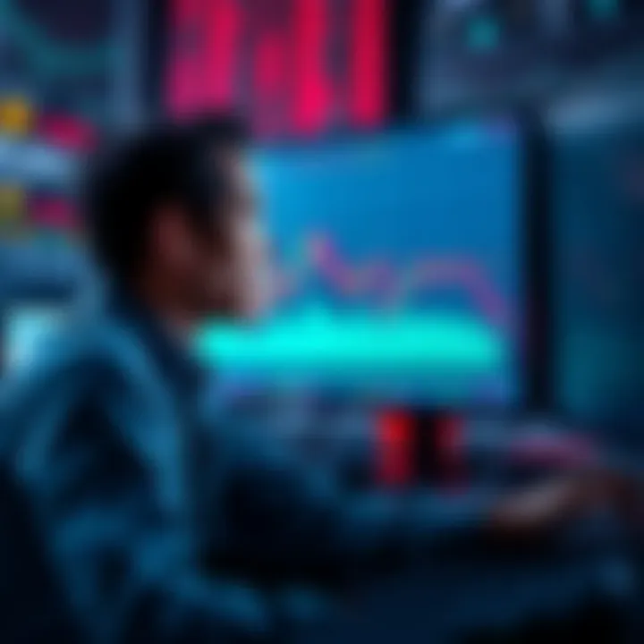 A worried investor looking at a computer screen displaying falling crypto prices, representing regrets over past investment decisions.