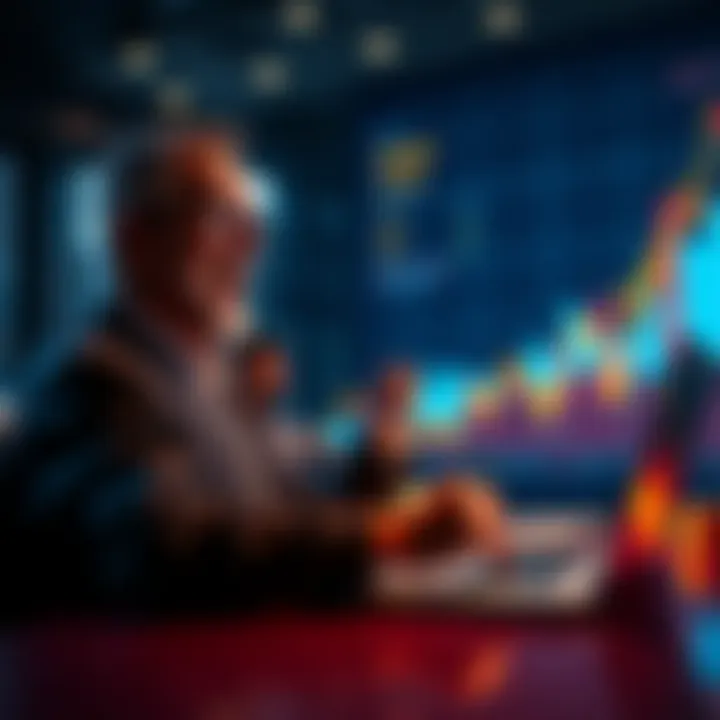 A crypto investor looks excited while selling 10% of their cryptocurrency holdings on a laptop with a graph showing profits in the background.