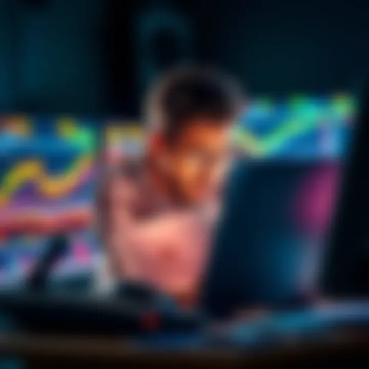 A distressed crypto investor reviewing a $50,000 tax bill with a computer and cryptocurrency charts on the screen