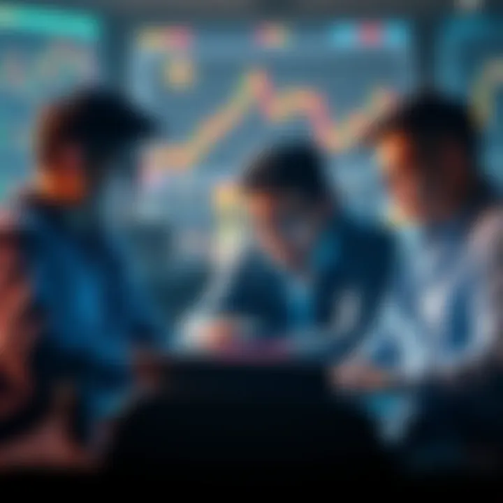 Group of investors looking at digital charts and graphs on laptops, discussing staking yields and alternative investment models in cryptocurrency.