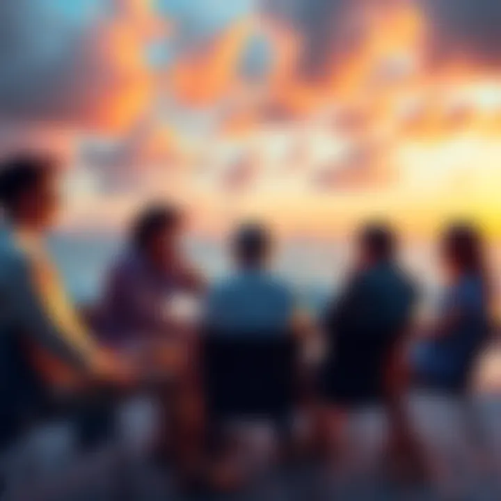 A group of crypto investors engaging in lively discussions on forums, with beach scenery in the background, showcasing their dedication and lifestyle.