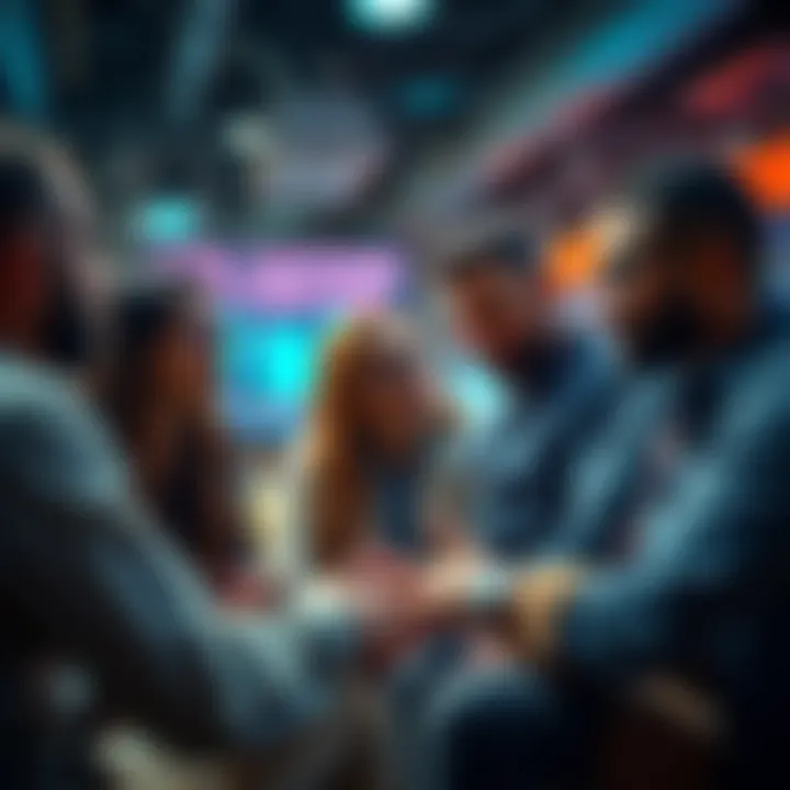 A group of diverse crypto investors discussing strategies and support in a casual setting