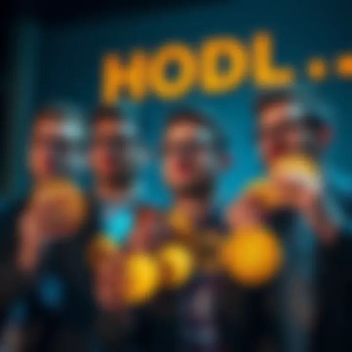 Group of investors holding cryptocurrency coins with a confident look, symbolizing the HODL strategy for long-term gains in 2026.