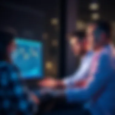 A group of new investors looking at a computer screen displaying cryptocurrency charts and graphs, discussing strategies together.