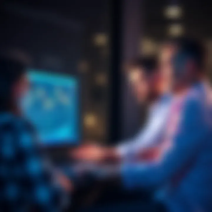 A group of new investors looking at a computer screen displaying cryptocurrency charts and graphs, discussing strategies together.
