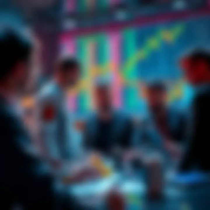 A group of crypto investors discussing strategies and market trends, with digital currency charts in the background.