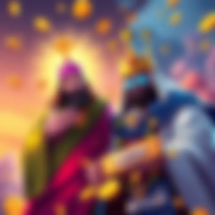 A vibrant illustration showcasing Crypto Jesus and the Meme King uniting to celebrate cryptocurrency culture, featuring playful elements like coins and memes.