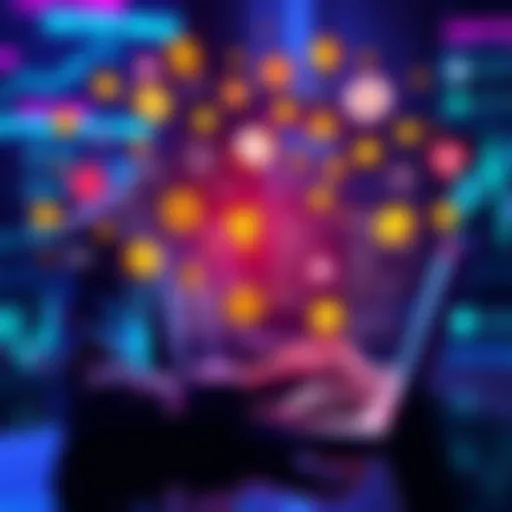 A person using a laptop surrounded by crypto symbols and job listings, representing job search in the crypto sector