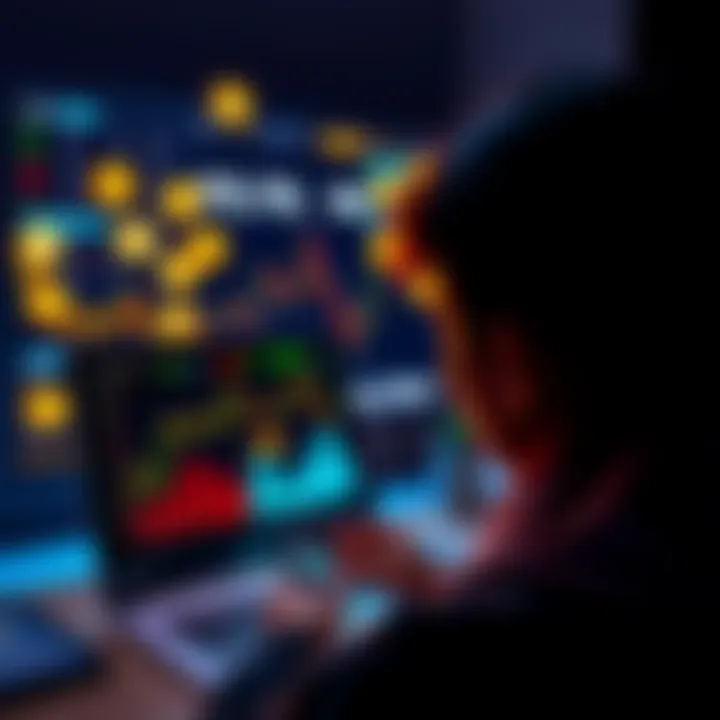 Crypto Journey Introduction A person looking at a laptop with cryptocurrency charts on the screen, symbols of various cryptocurrencies around them, indicating a start to their investment journey.