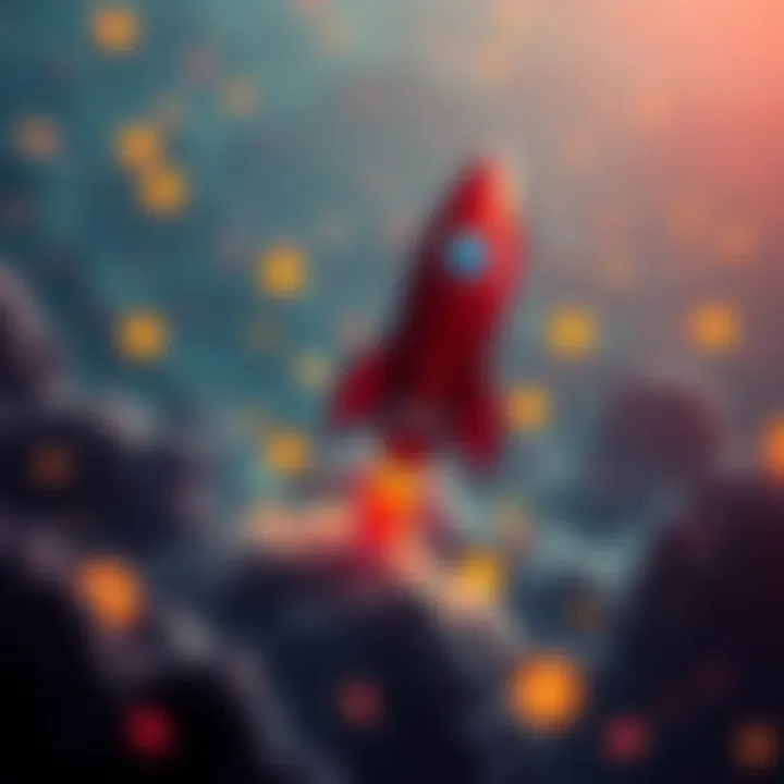A visual metaphor representing the dynamic changes in the cryptocurrency market, featuring a soaring rocket amidst digital currency symbols.