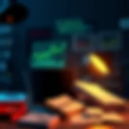 A person studying crypto market trends with books and a laptop in front of them, analyzing graphs and news articles.