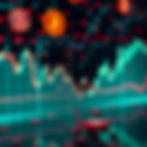 A graph showing rising and falling cryptocurrency prices, with indicators of liquidation events. The background includes digital currency symbols.