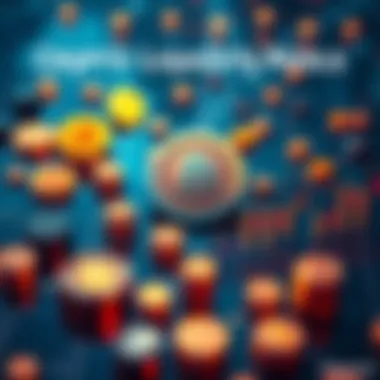 A graphic showing the concept of crypto liquidity pools with symbols of coins and charts depicting trading fees and impermanent loss.