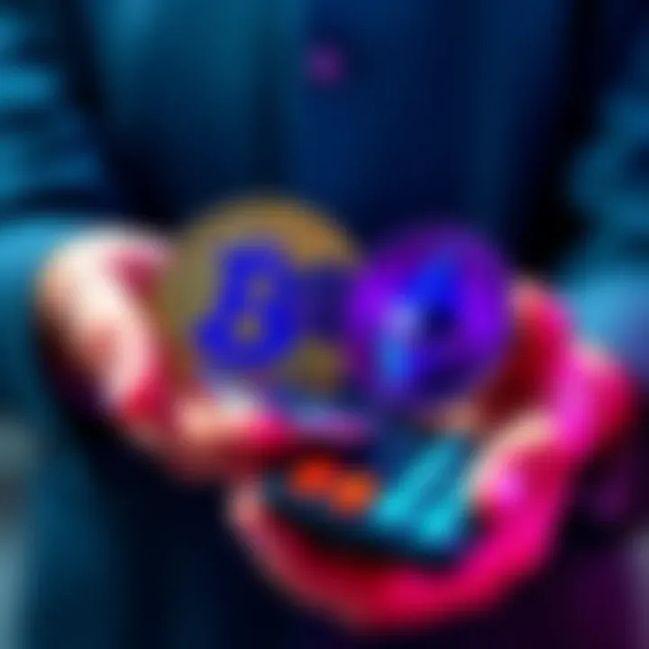 Crypto Loans Concept Person holding Bitcoin and Ethereum symbols with a calculator, representing crypto loans and financial planning