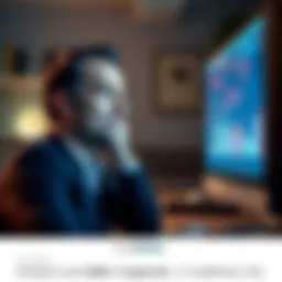 A man looking distressed as he stares at a computer screen displaying falling cryptocurrency values