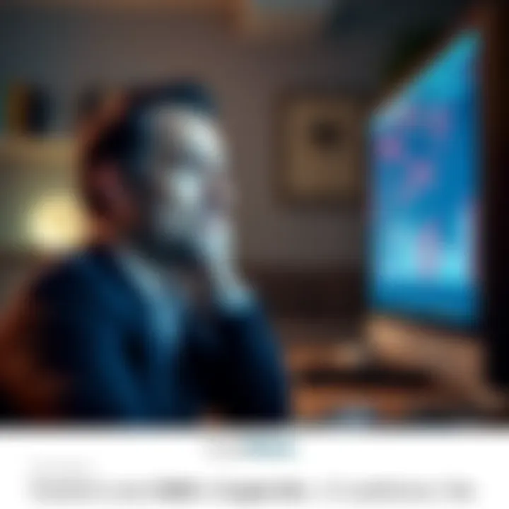A man looking distressed as he stares at a computer screen displaying falling cryptocurrency values