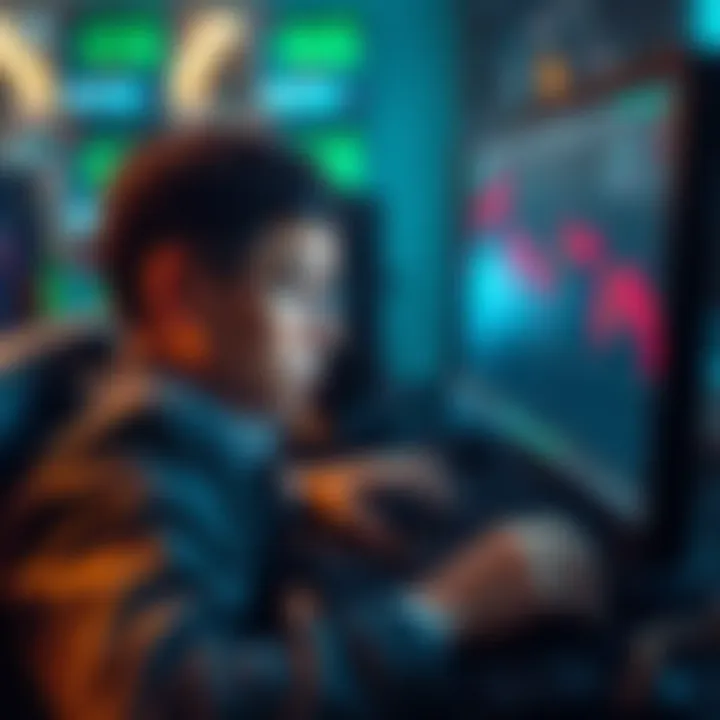 A sad investor looks at their computer screen showing a sharp drop in cryptocurrency value, indicating a significant financial loss.